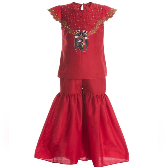 Bright red Chanderi cotton Sharara (Bell bottom) and top - Picture 2 of 6